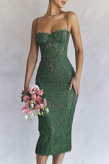 Vestido de cóctel midi vintage de encaje con escote en forma de corazón y pestañas - Verde