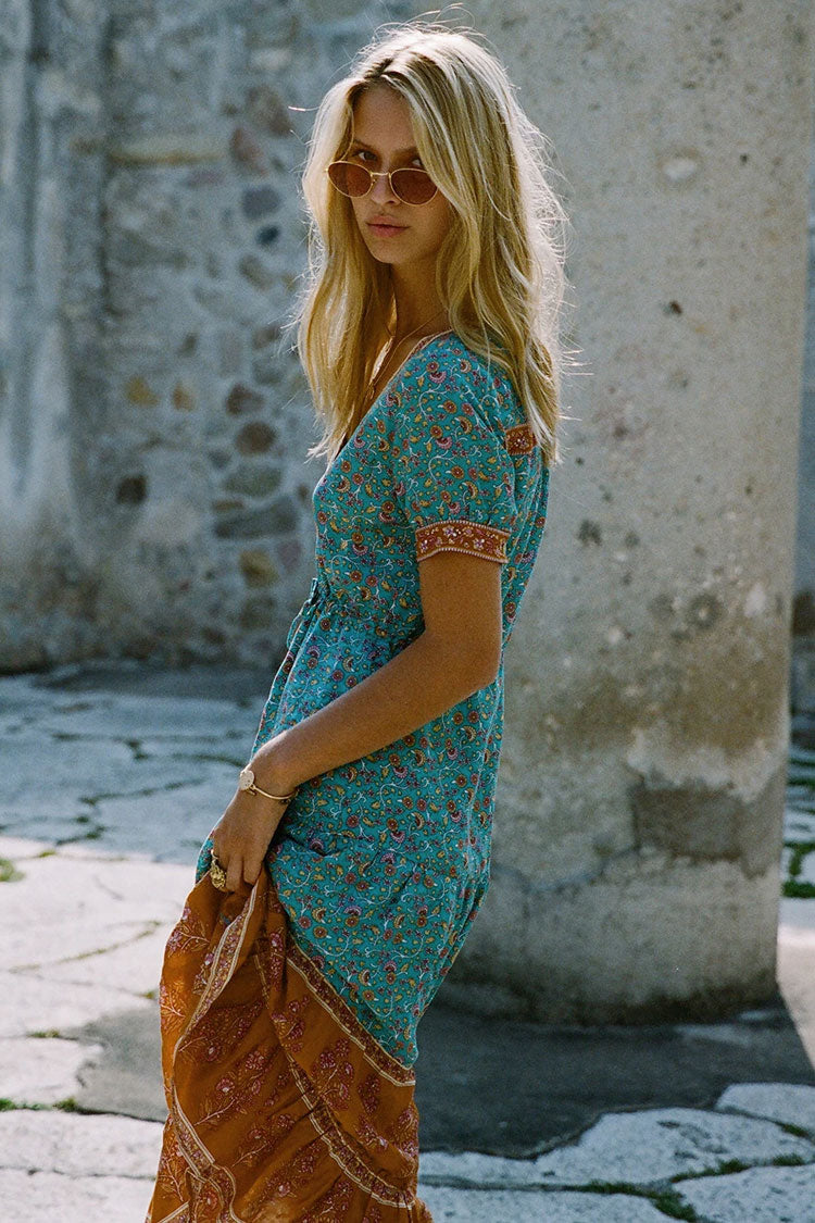 Vintage Blumendruck Empire Taille Boho Kleid - Teal Blue