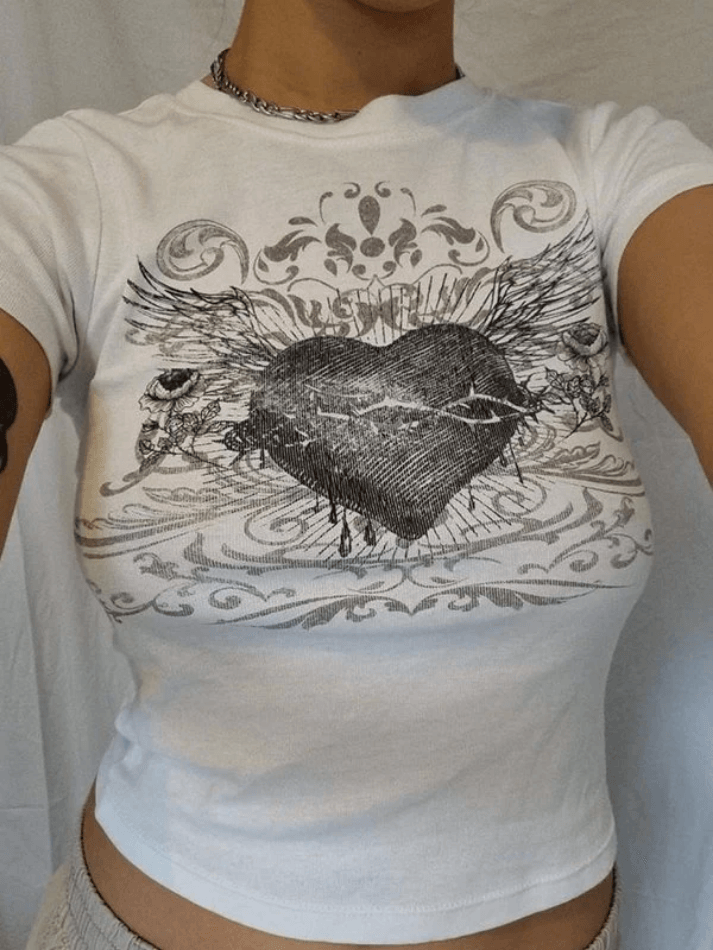 Kurzarm-T-Shirt mit Vintage-Herz-Print