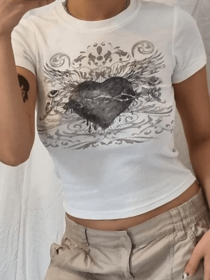 Kurzarm-T-Shirt mit Vintage-Herz-Print
