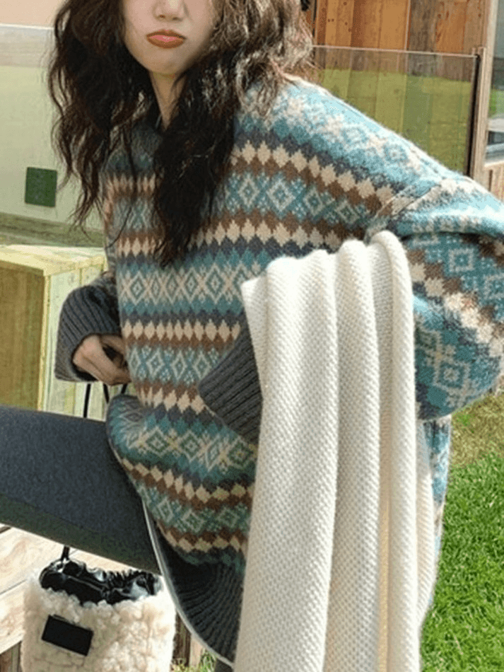 Vintage Jacquard Crew Neck Sweater