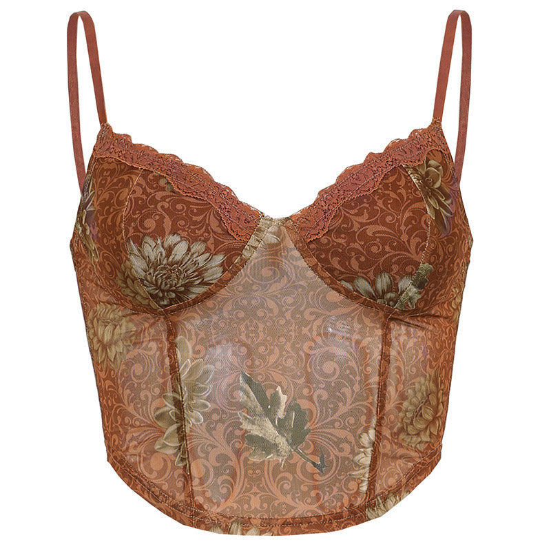 Vintage Spitzen-Tanktop mit herzförmigem Ausschnitt und Blumenmuster, transparentem Netzstoff, kurz, Braun
