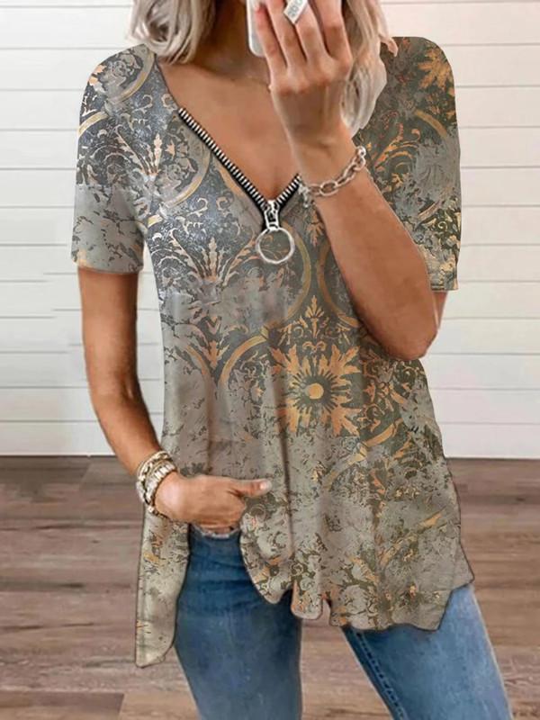 Camisetas casuales con cuello en V y cremallera con estampado vintage