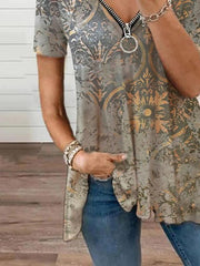 Camisetas casuales con cuello en V y cremallera con estampado vintage