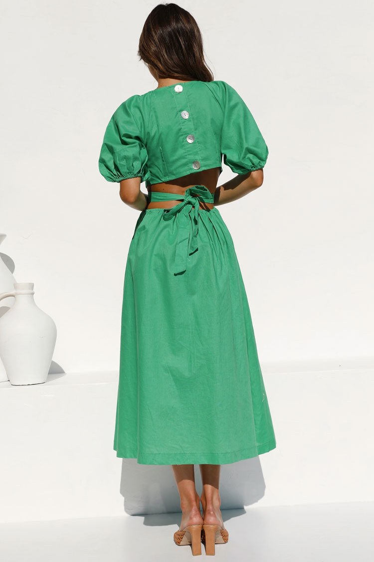 Vintage Puffärmel Tiefer V Ausschnitt Strandurlaub Midikleid - Grün