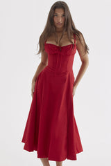 Vintage Fit &amp; Flare Midi-Sommerkleid mit Schnürung vorne und Schnürung hinten - Rot