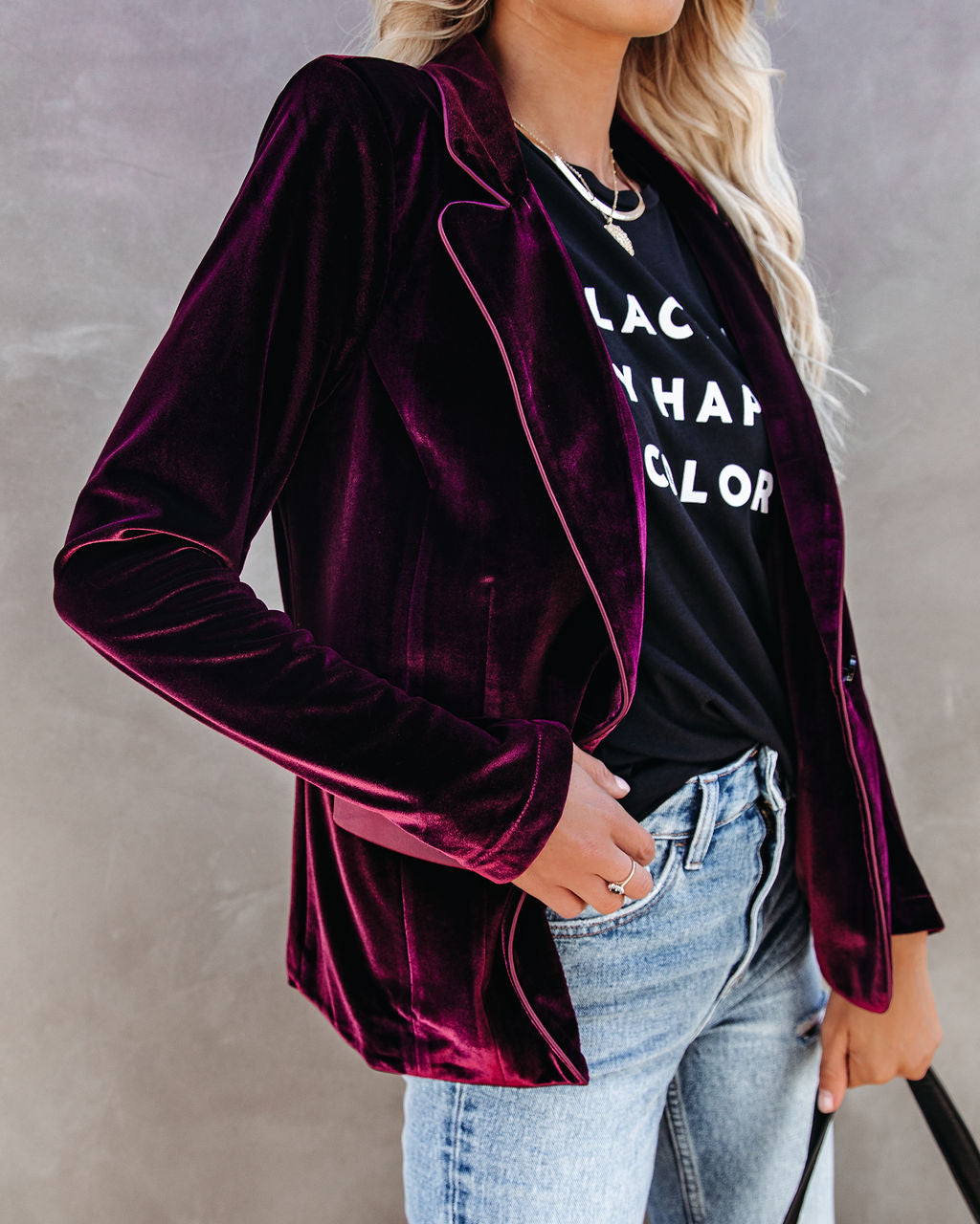 Wine Me And Dine Me Pocketed Velvet Blazer - Wine