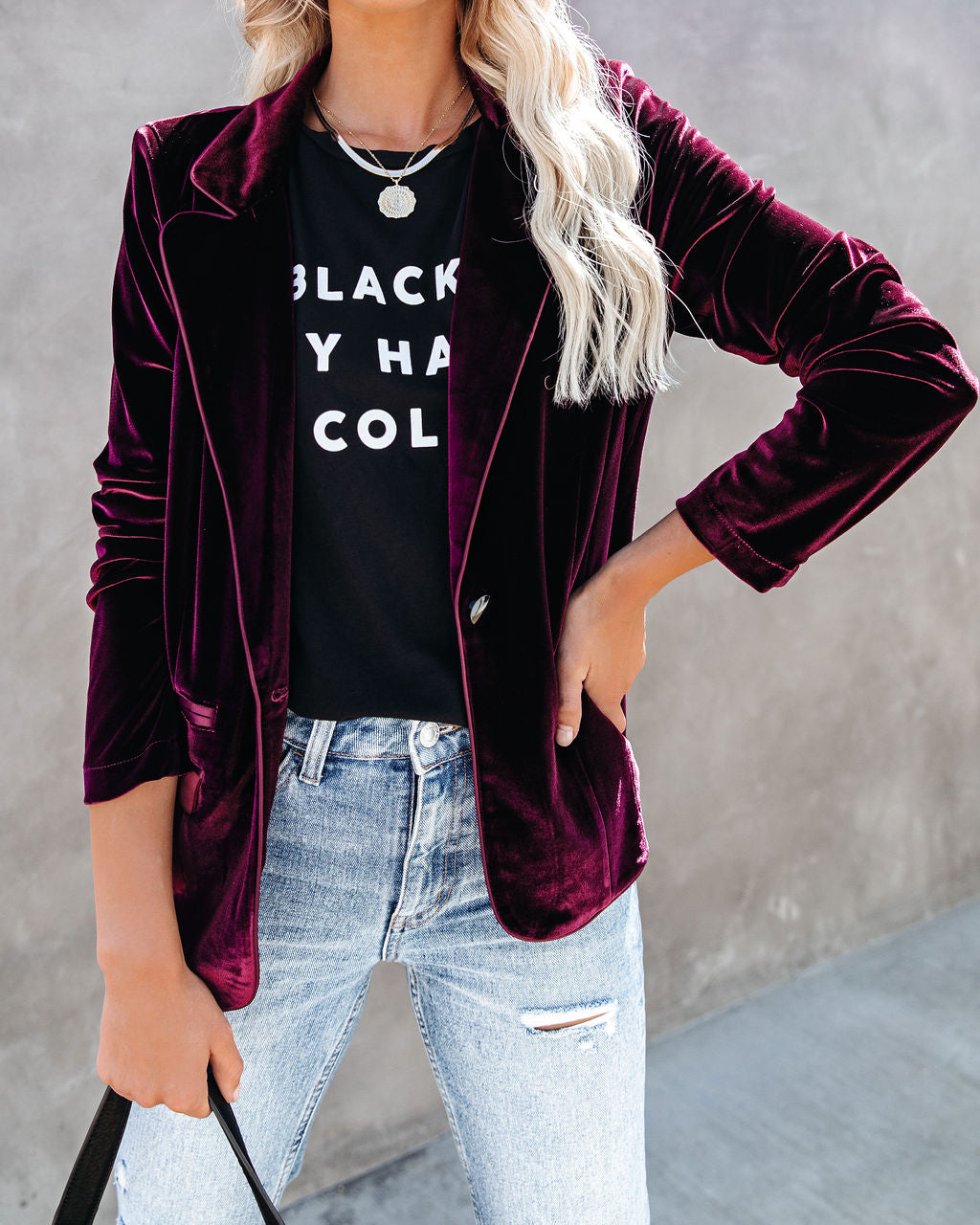 Wine Me And Dine Me Pocketed Velvet Blazer - Wine