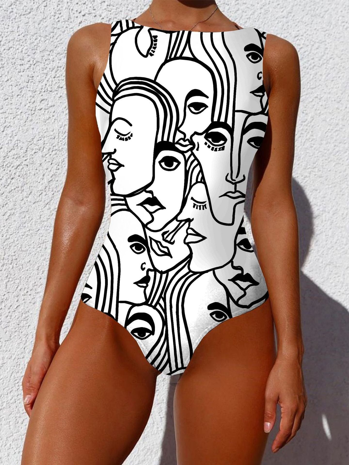 Women Graffiti Abstract Print Wide Straps High Neck Backless Slimming One Piece Ins Street