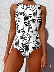 Women Graffiti Abstract Print Wide Straps High Neck Backless Slimming One Piece Ins Street