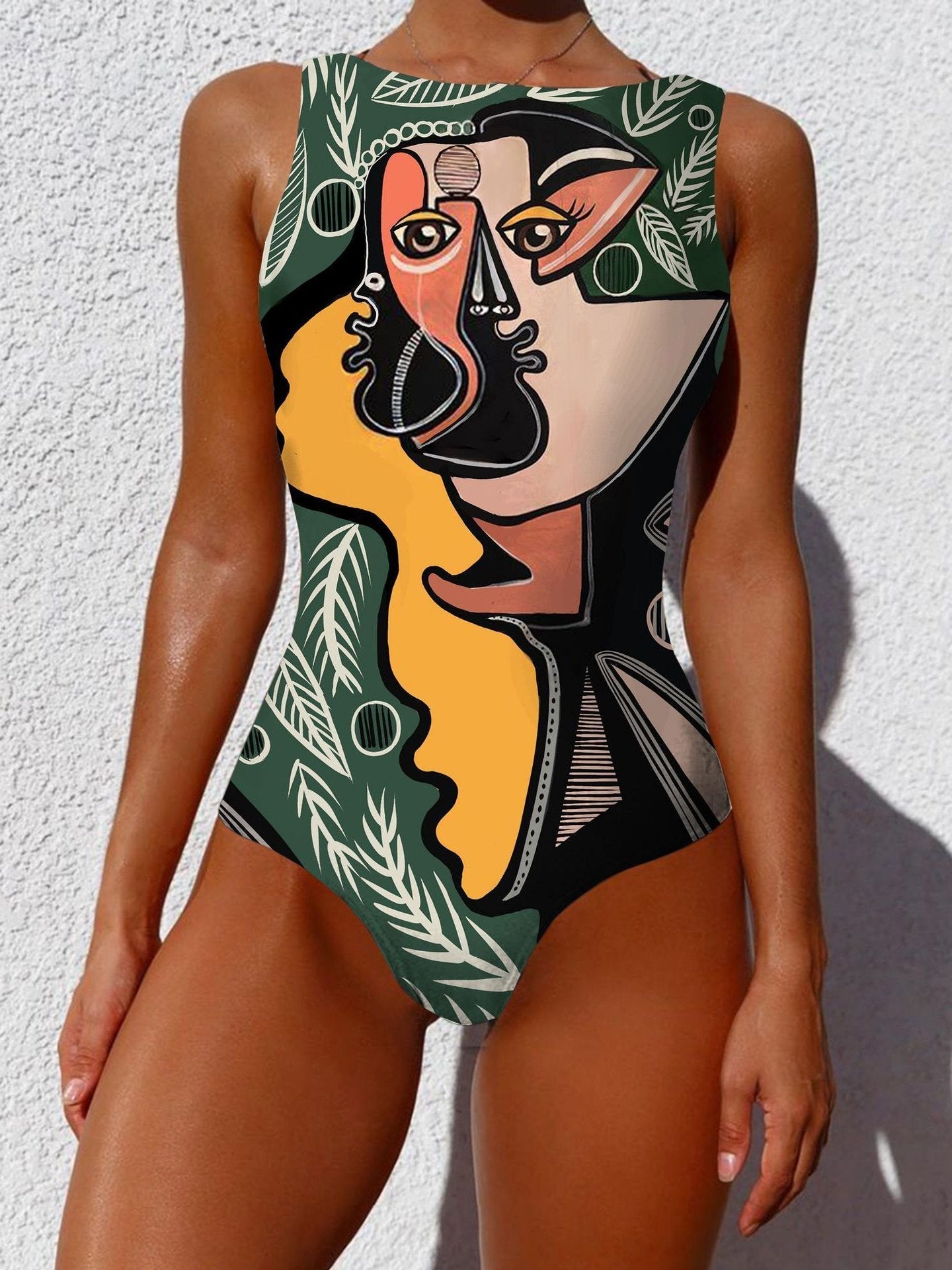 Women Graffiti Abstract Print Wide Straps High Neck Backless Slimming One Piece Ins Street