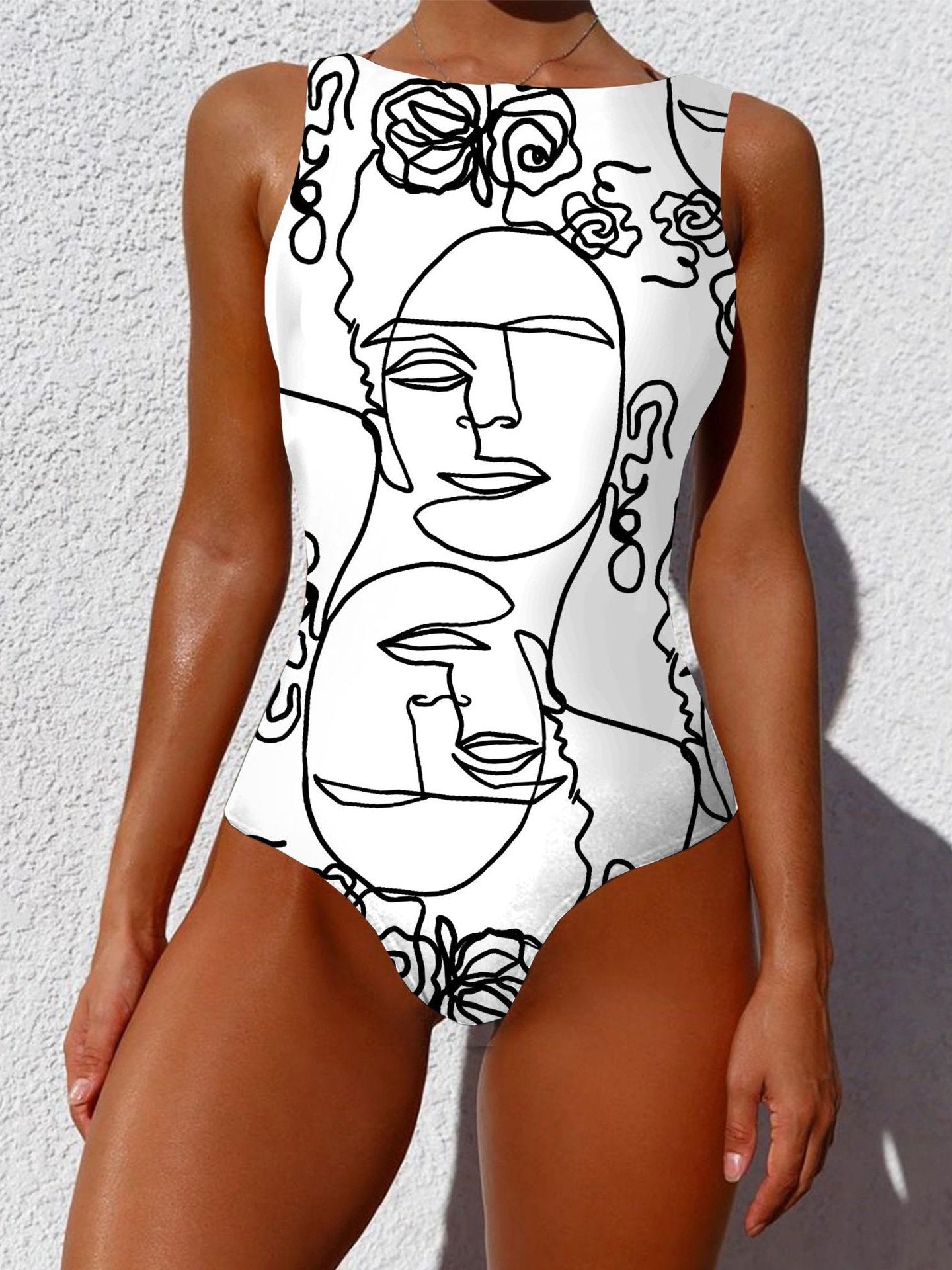 Women Graffiti Abstract Print Wide Straps High Neck Backless Slimming One Piece Ins Street