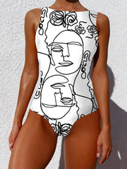 Women Graffiti Abstract Print Wide Straps High Neck Backless Slimming One Piece Ins Street