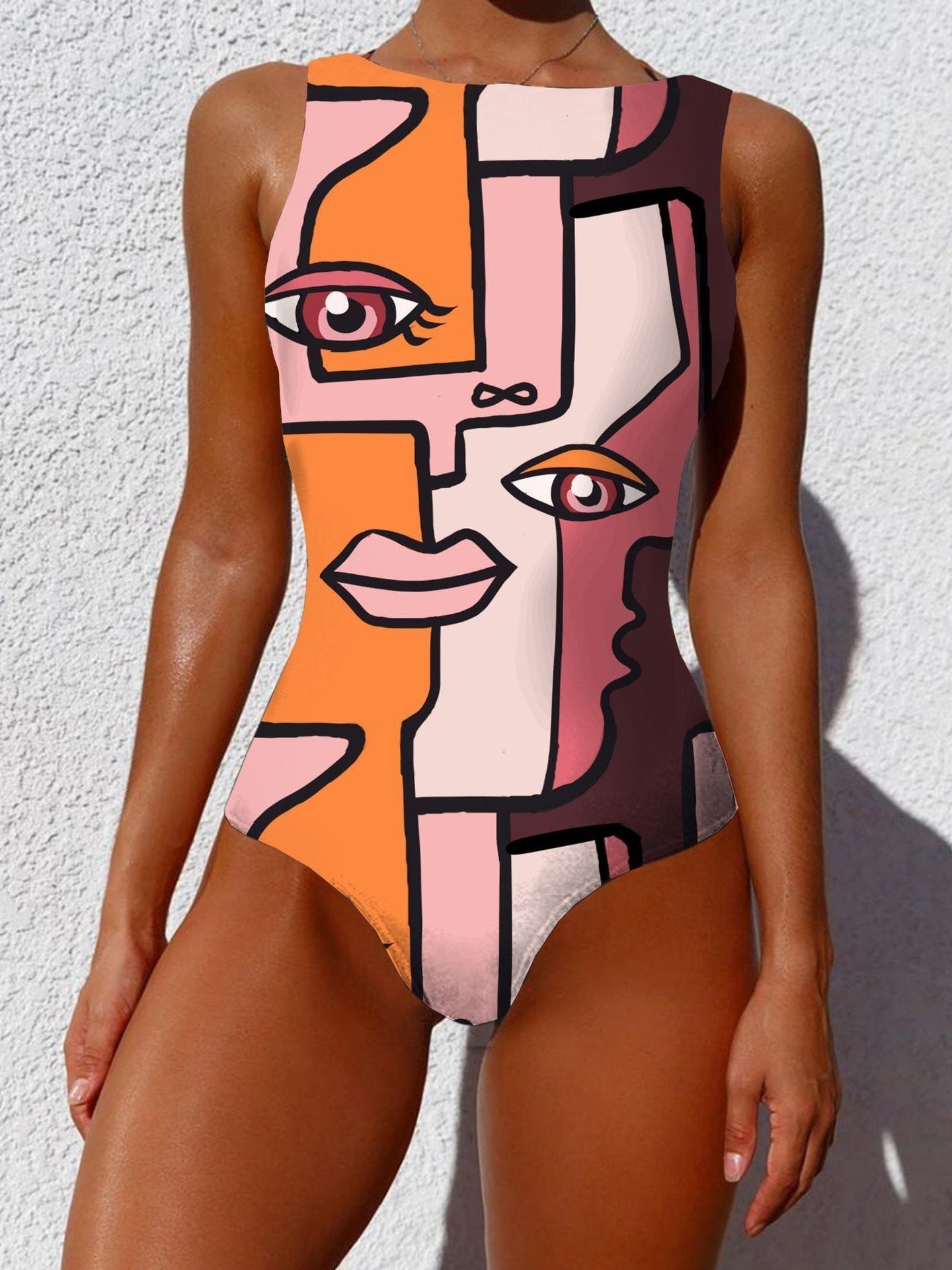 Women Graffiti Abstract Print Wide Straps High Neck Backless Slimming One Piece Ins Street