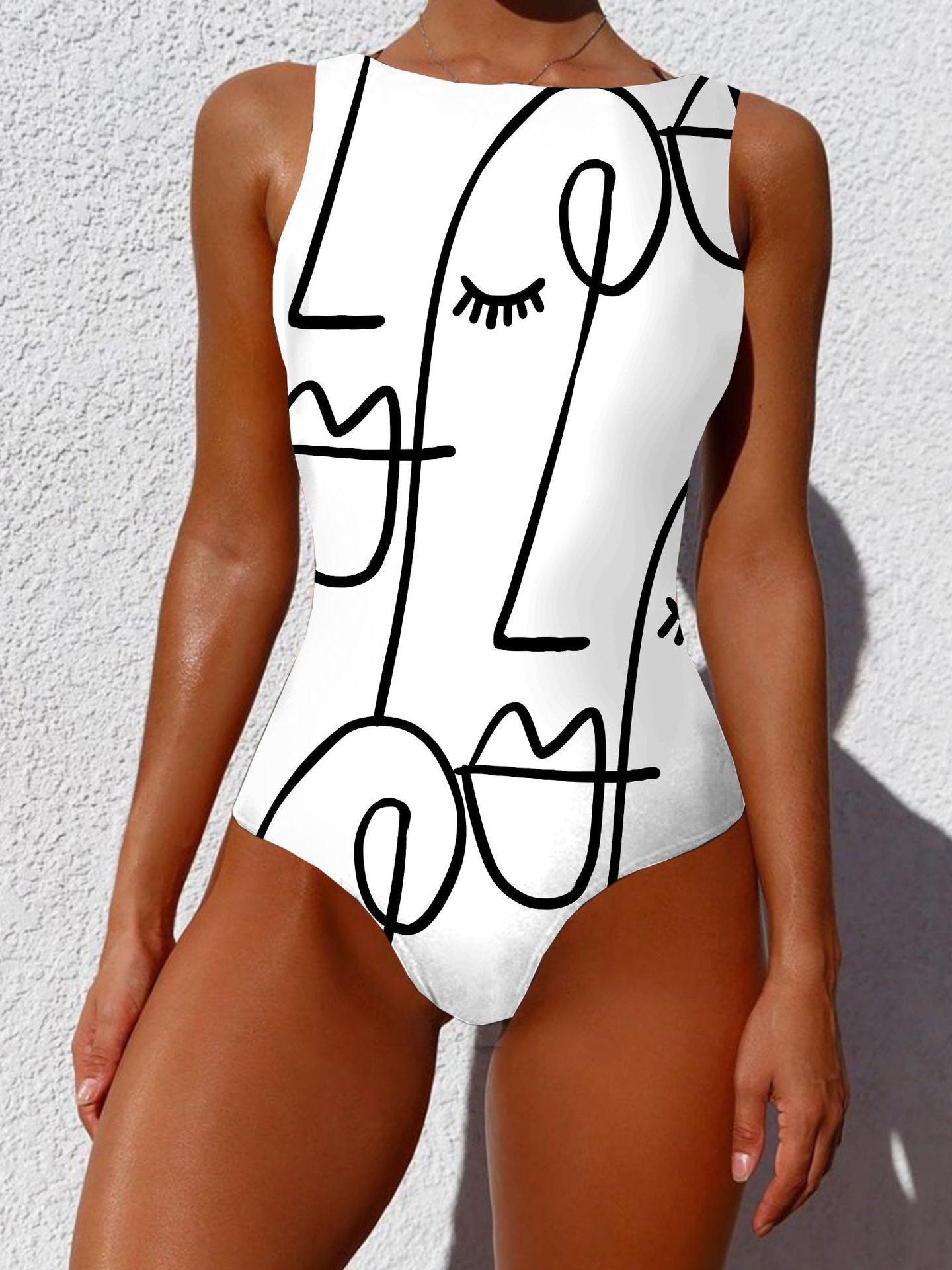 Women Graffiti Abstract Print Wide Straps High Neck Backless Slimming One Piece Ins Street