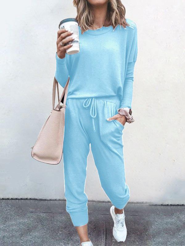 Conjunto de pijama de manga larga y pantalón largo de color liso para mujer