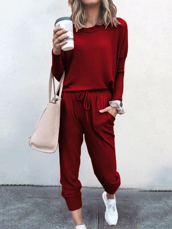 Conjunto de pijama de manga larga y pantalón largo de color liso para mujer