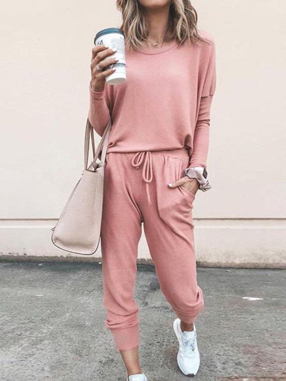 Conjunto de pijama de manga larga y pantalón largo de color liso para mujer