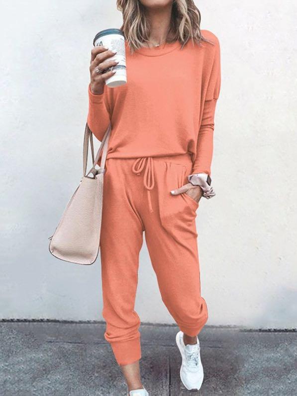 Conjunto de pijama de manga larga y pantalón largo de color liso para mujer