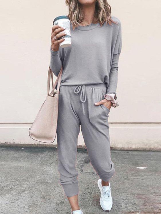 Conjunto de pijama de manga larga y pantalón largo de color liso para mujer