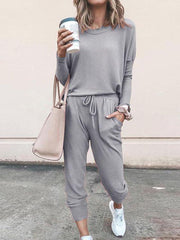 Conjunto de pijama de manga larga y pantalón largo de color liso para mujer