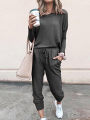 Conjunto de pijama de manga larga y pantalón largo de color liso para mujer