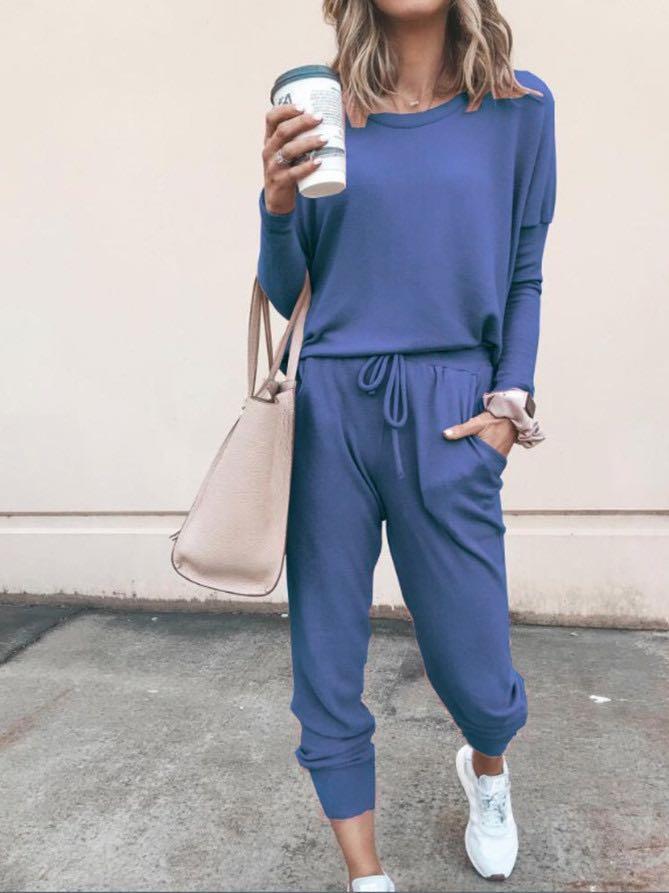 Conjunto de pijama de manga larga y pantalón largo de color liso para mujer