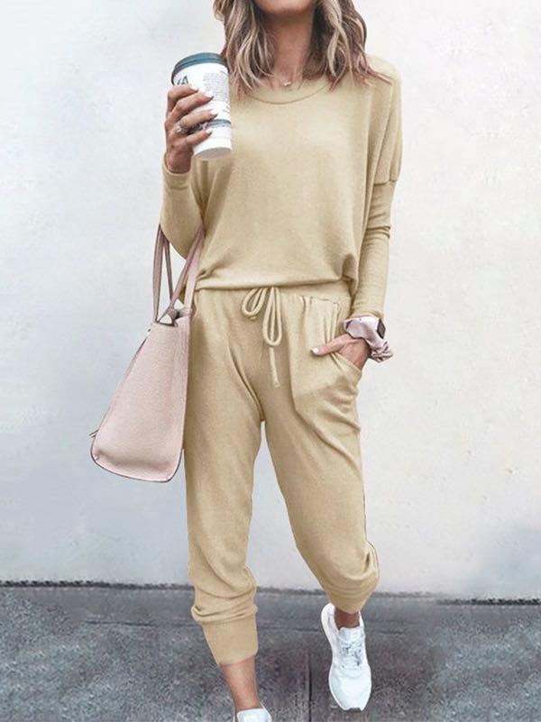 Conjunto de pijama de manga larga y pantalón largo de color liso para mujer