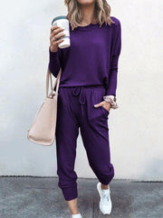 Conjunto de pijama de manga larga y pantalón largo de color liso para mujer