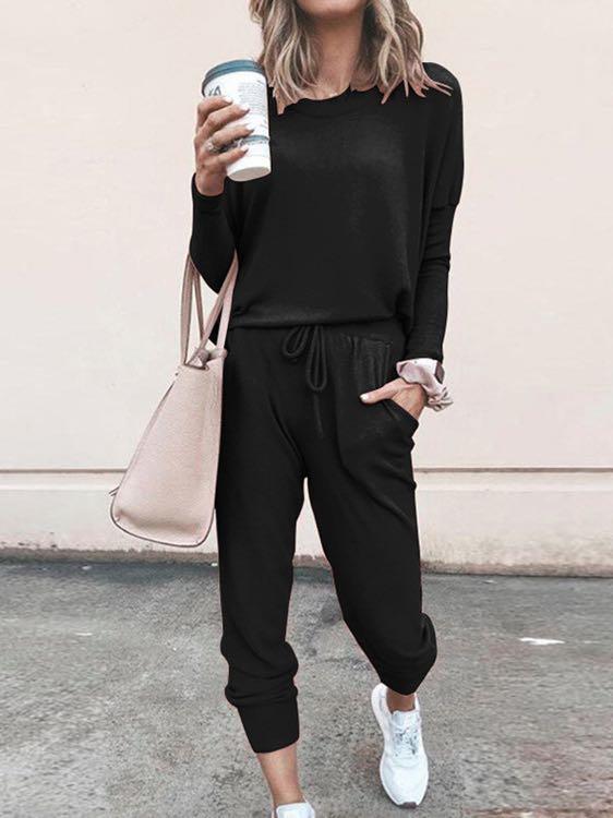 Conjunto de pijama de manga larga y pantalón largo de color liso para mujer