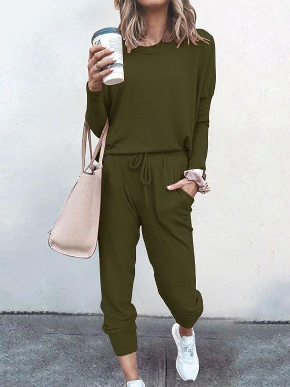 Conjunto de pijama de manga larga y pantalón largo de color liso para mujer