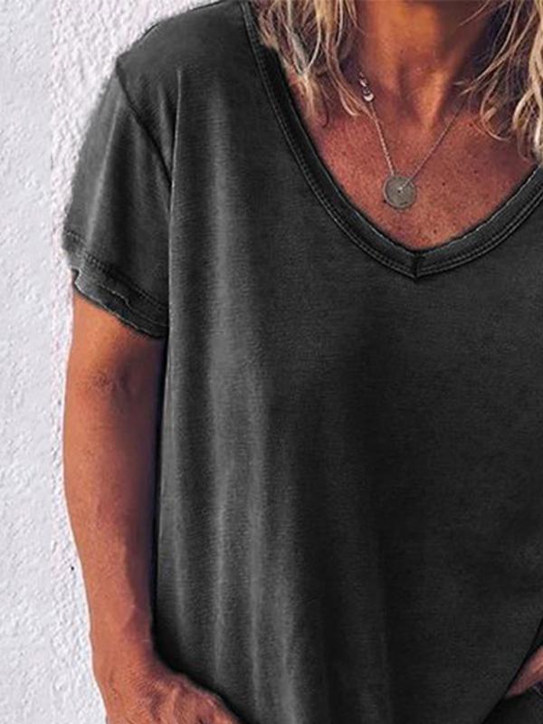 Einfarbiges Kurzarm-T-Shirt mit V-Ausschnitt für Damen