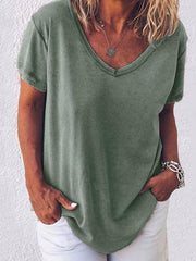 Einfarbiges Kurzarm-T-Shirt mit V-Ausschnitt für Damen