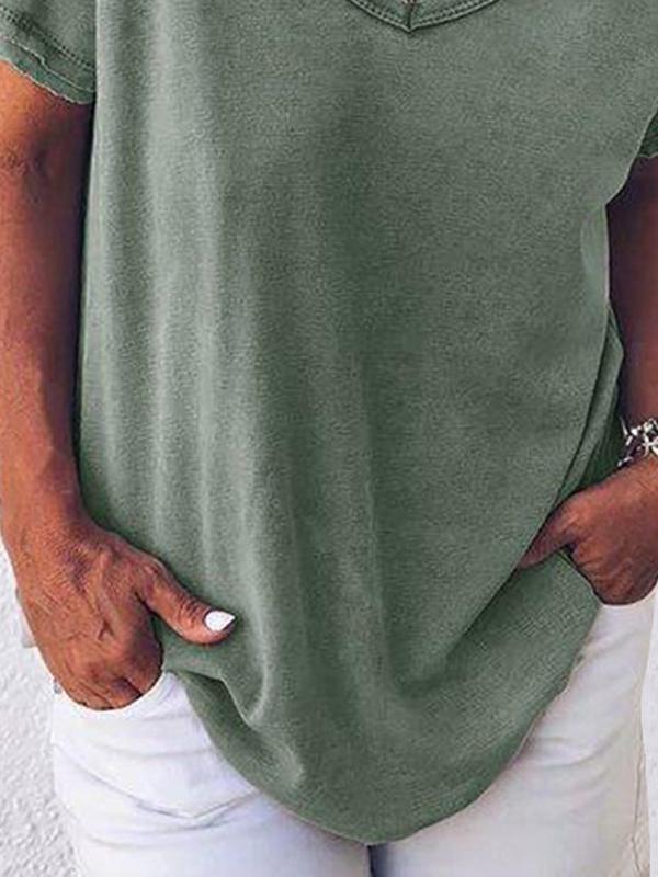 Einfarbiges Kurzarm-T-Shirt mit V-Ausschnitt für Damen