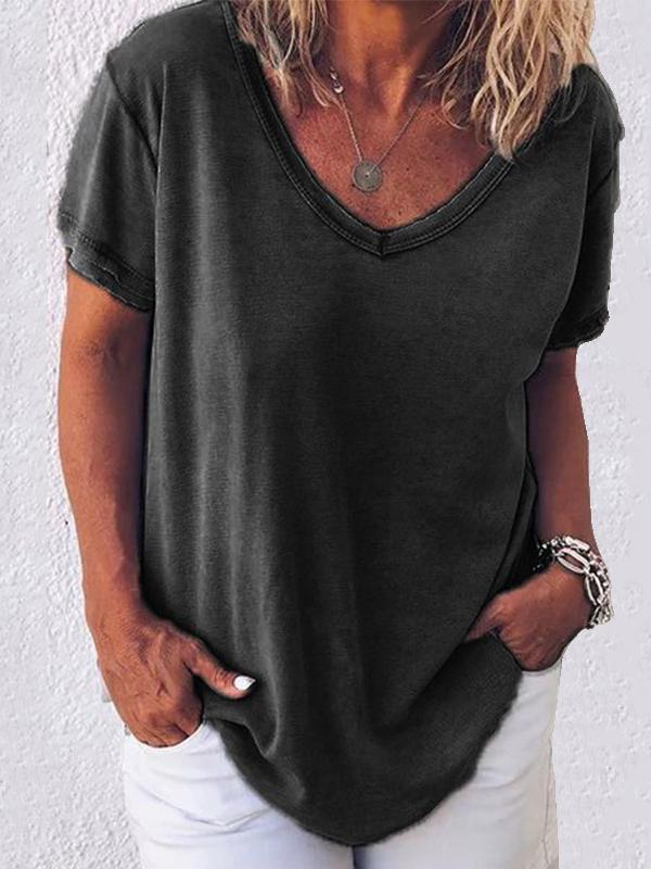 Einfarbiges Kurzarm-T-Shirt mit V-Ausschnitt für Damen