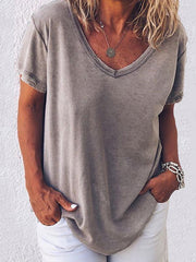 Einfarbiges Kurzarm-T-Shirt mit V-Ausschnitt für Damen
