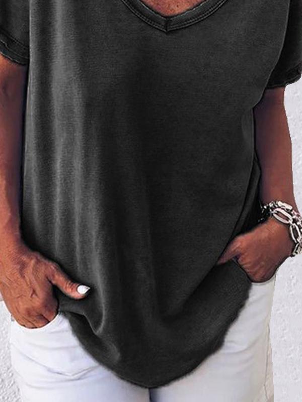 Einfarbiges Kurzarm-T-Shirt mit V-Ausschnitt für Damen