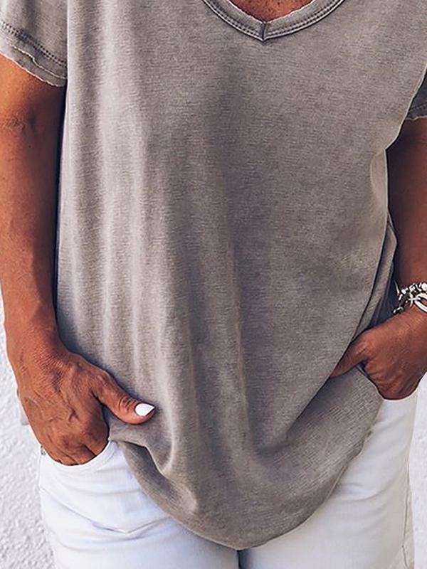 Einfarbiges Kurzarm-T-Shirt mit V-Ausschnitt für Damen