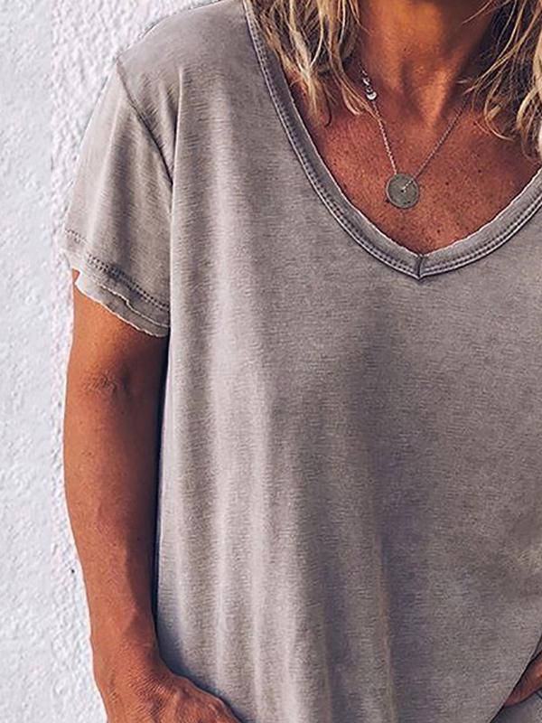 Einfarbiges Kurzarm-T-Shirt mit V-Ausschnitt für Damen