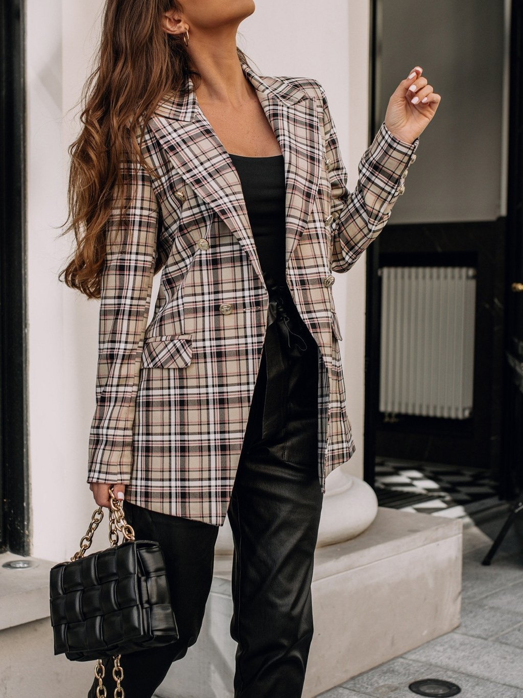 Blazers Fashion Plaid Print Button Long Sleeve Blazer Ins Street