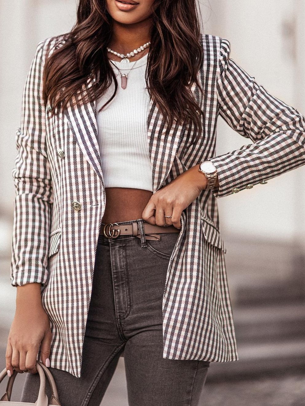 Blazers Fashion Plaid Print Button Long Sleeve Blazer Ins Street