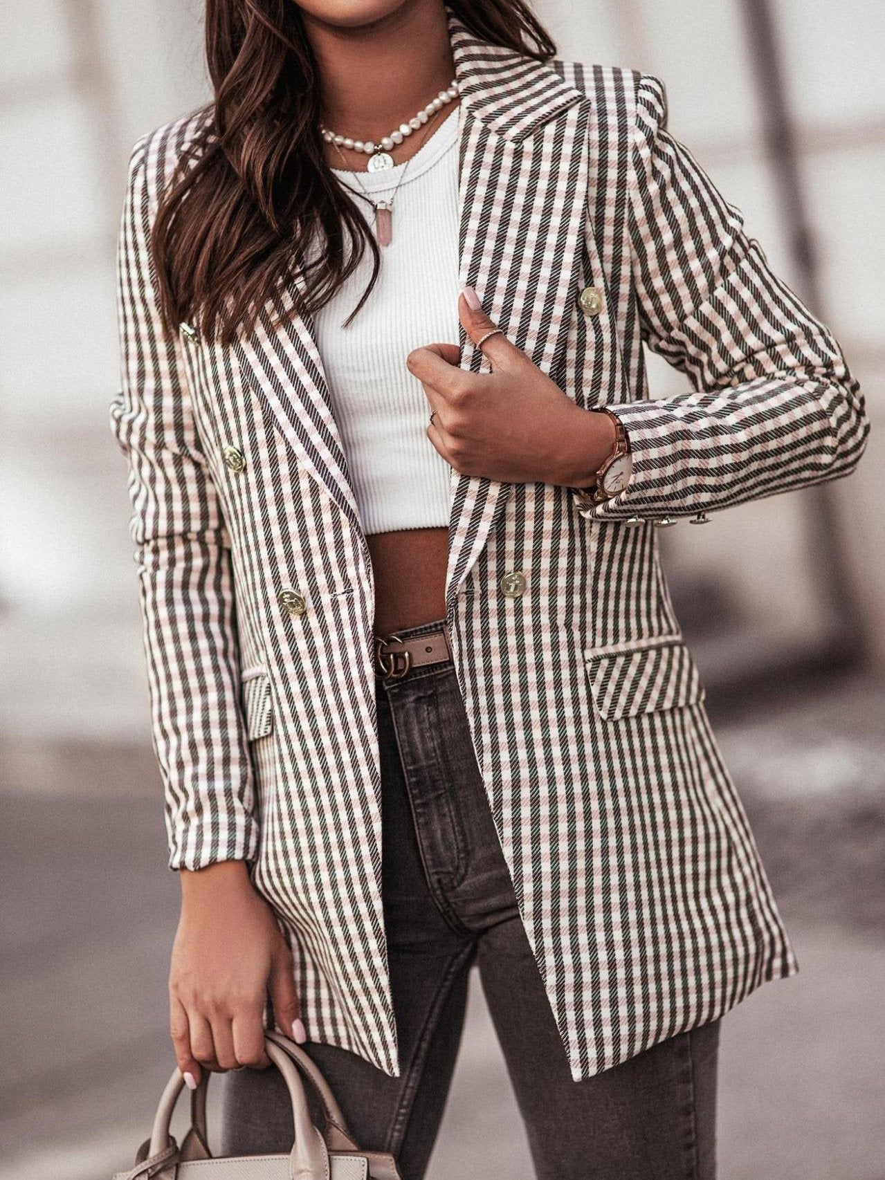 Blazers Fashion Plaid Print Button Long Sleeve Blazer Ins Street