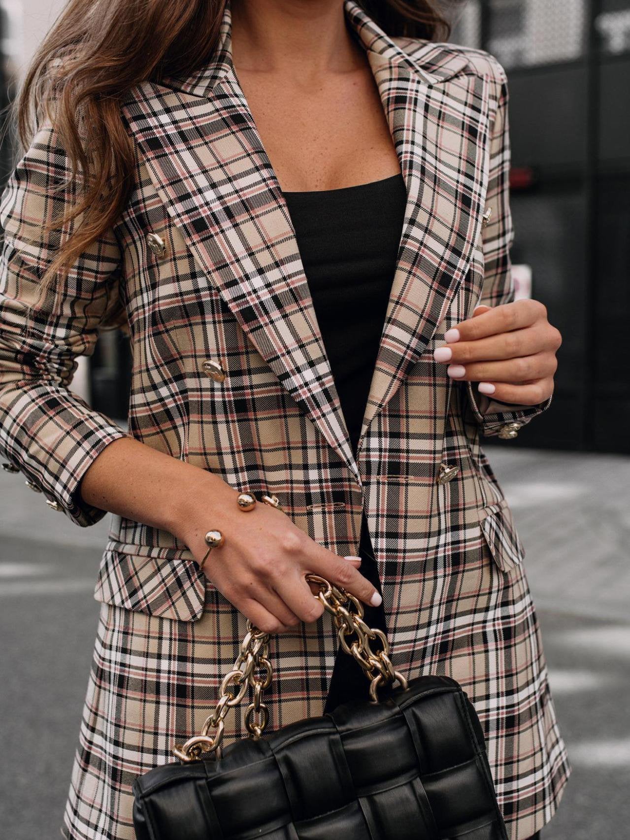 Blazers Fashion Plaid Print Button Long Sleeve Blazer Ins Street