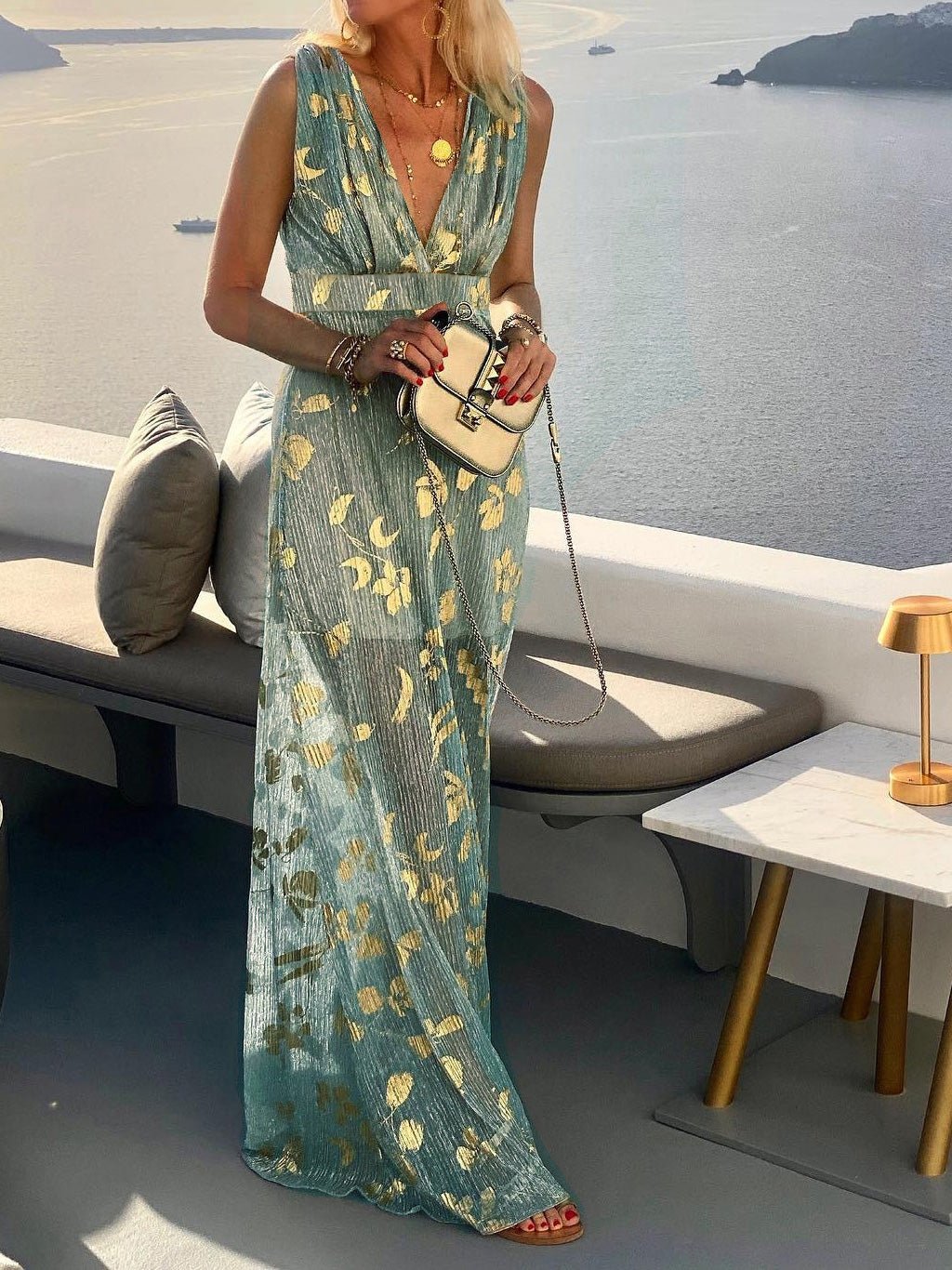 Maxikleid mit V-Ausschnitt und Heißprägung
