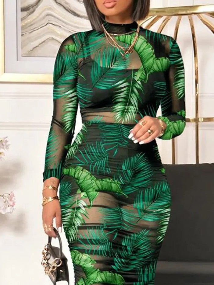Vestido de tres piezas de manga larga de malla con estampado vintage