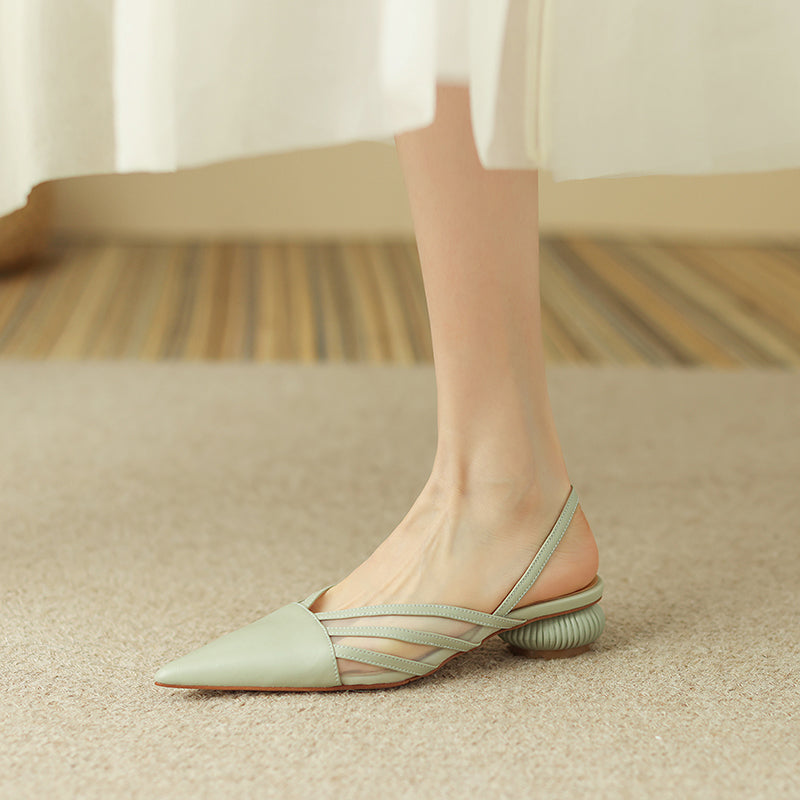 Hilda Genuine Leather V Cut Handmade Slingback Low Heel Pumps Newgew