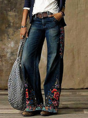 Vaqueros casuales de pierna ancha con bolsillo y estampado floral