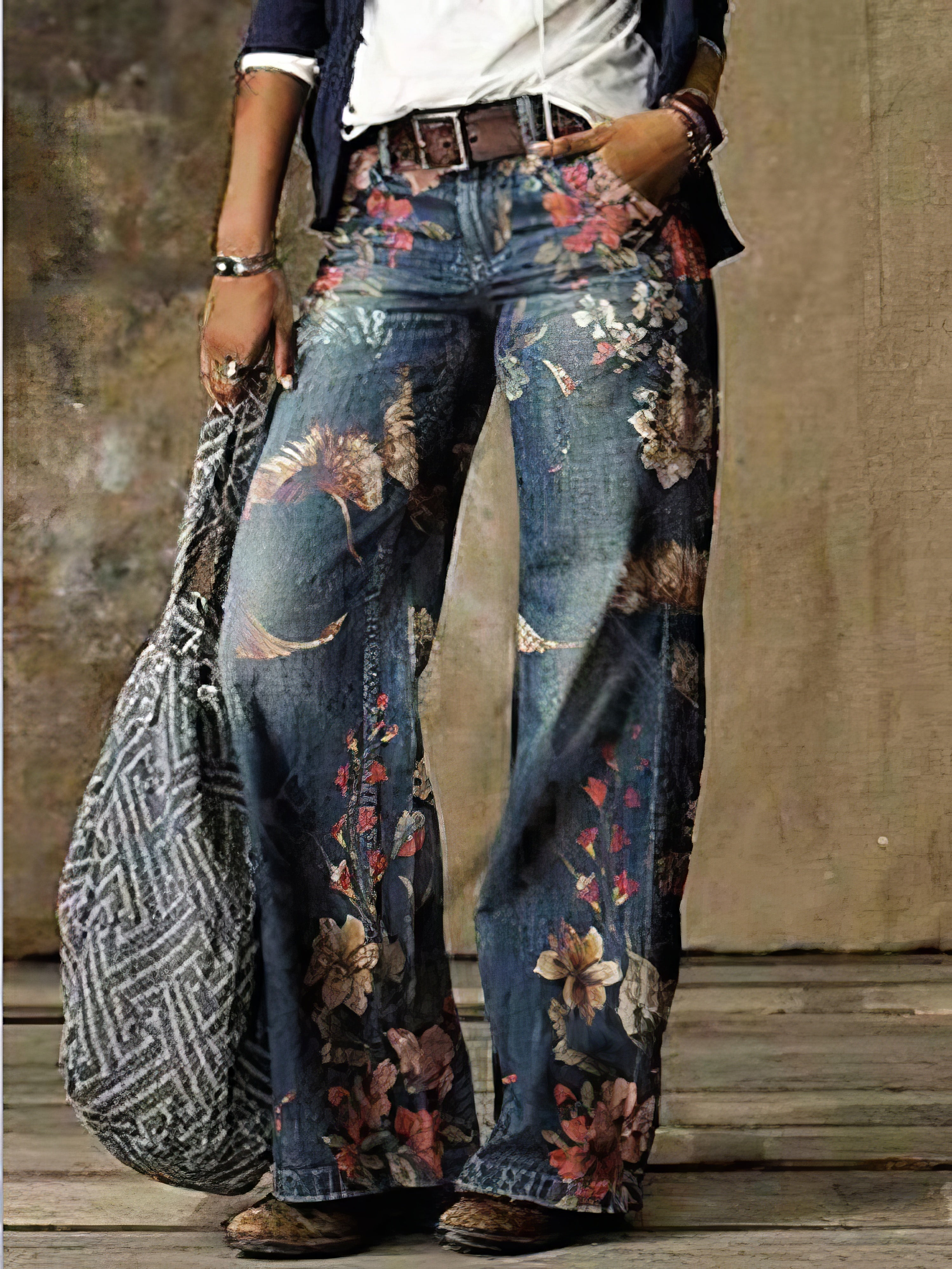 Vaqueros casuales de pierna ancha con bolsillo y estampado floral
