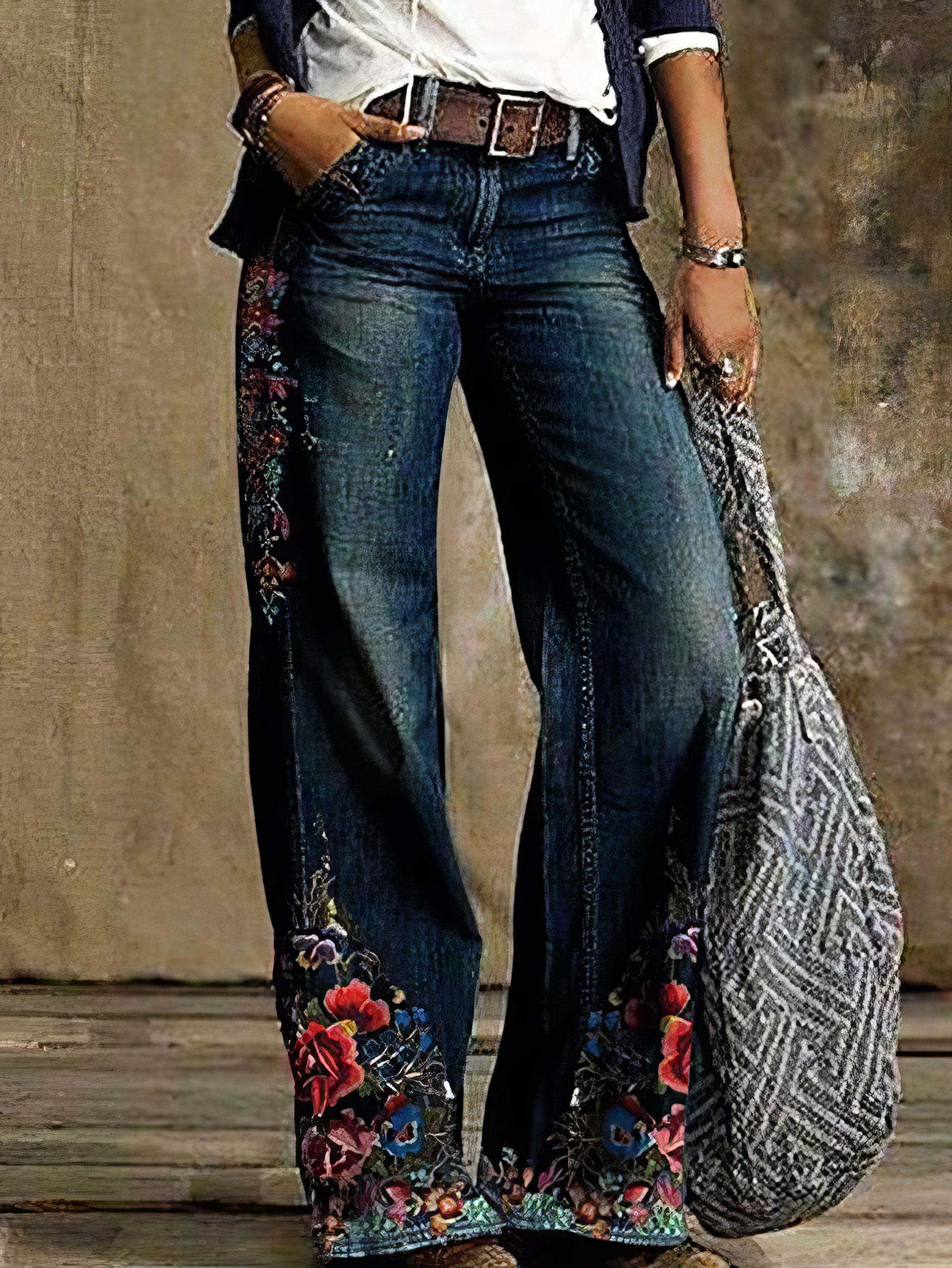 Vaqueros casuales de pierna ancha con bolsillo y estampado floral
