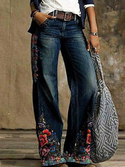 Vaqueros casuales de pierna ancha con bolsillo y estampado floral
